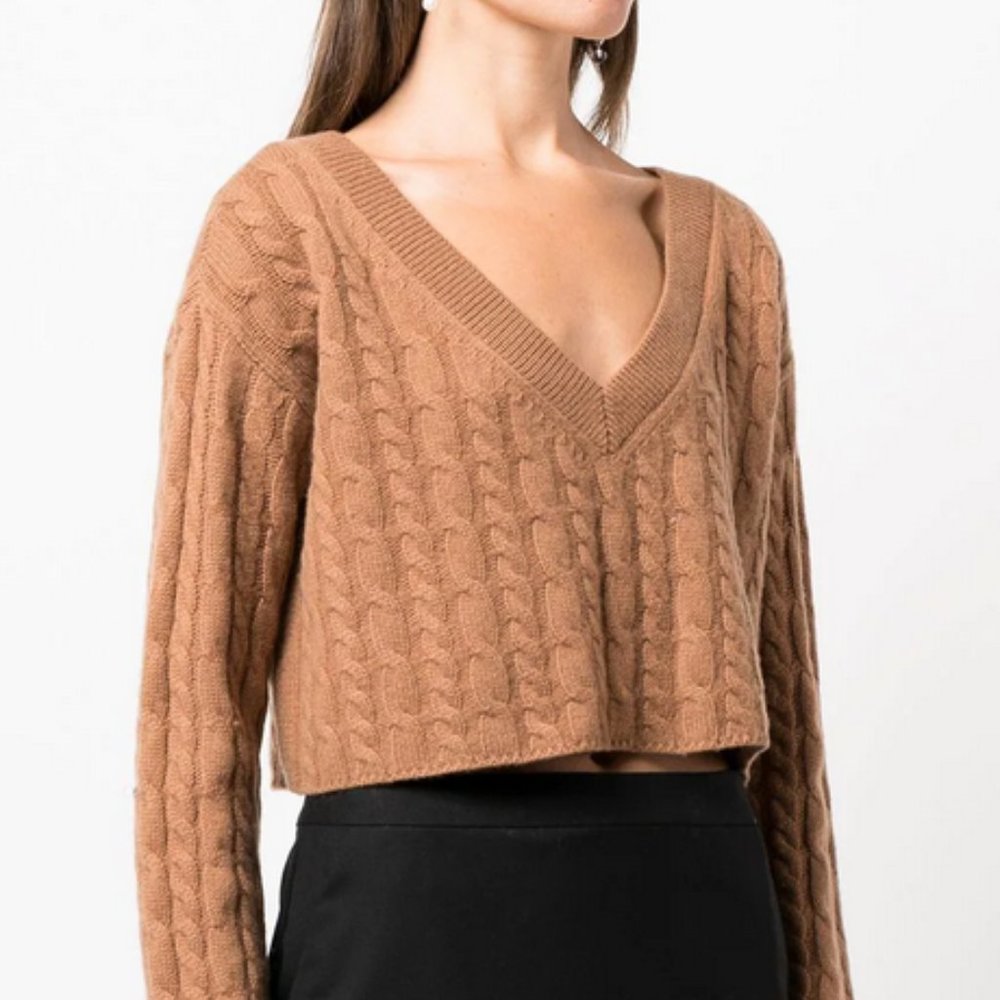 Alice + Olivia Ayden Camel Cashmere Wool Cropped V-Neck Cabled Knit Sweater